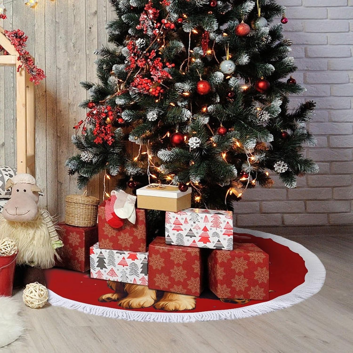 Love Dogs Labrador Retriever Christmas Tree Skirt Round Xmas Tree Mat Ornaments Tree Skirts with Tassels for Holiday Party