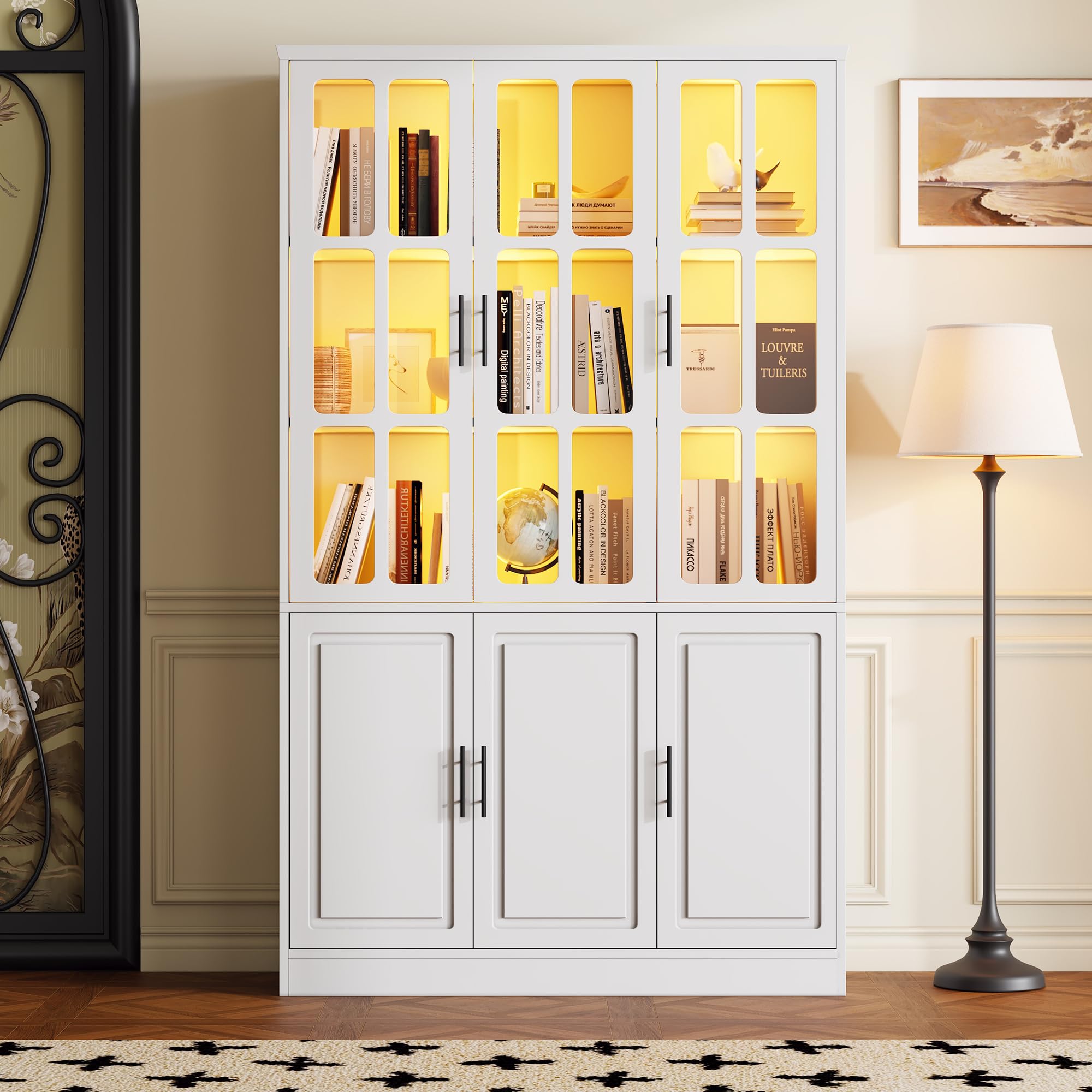 Vitrina de 121,5 x 41 x 200 cm, armario alto con 6 puertas, vitrina de cristal con LED, armario multifunción con divisor ajustable, armario grande