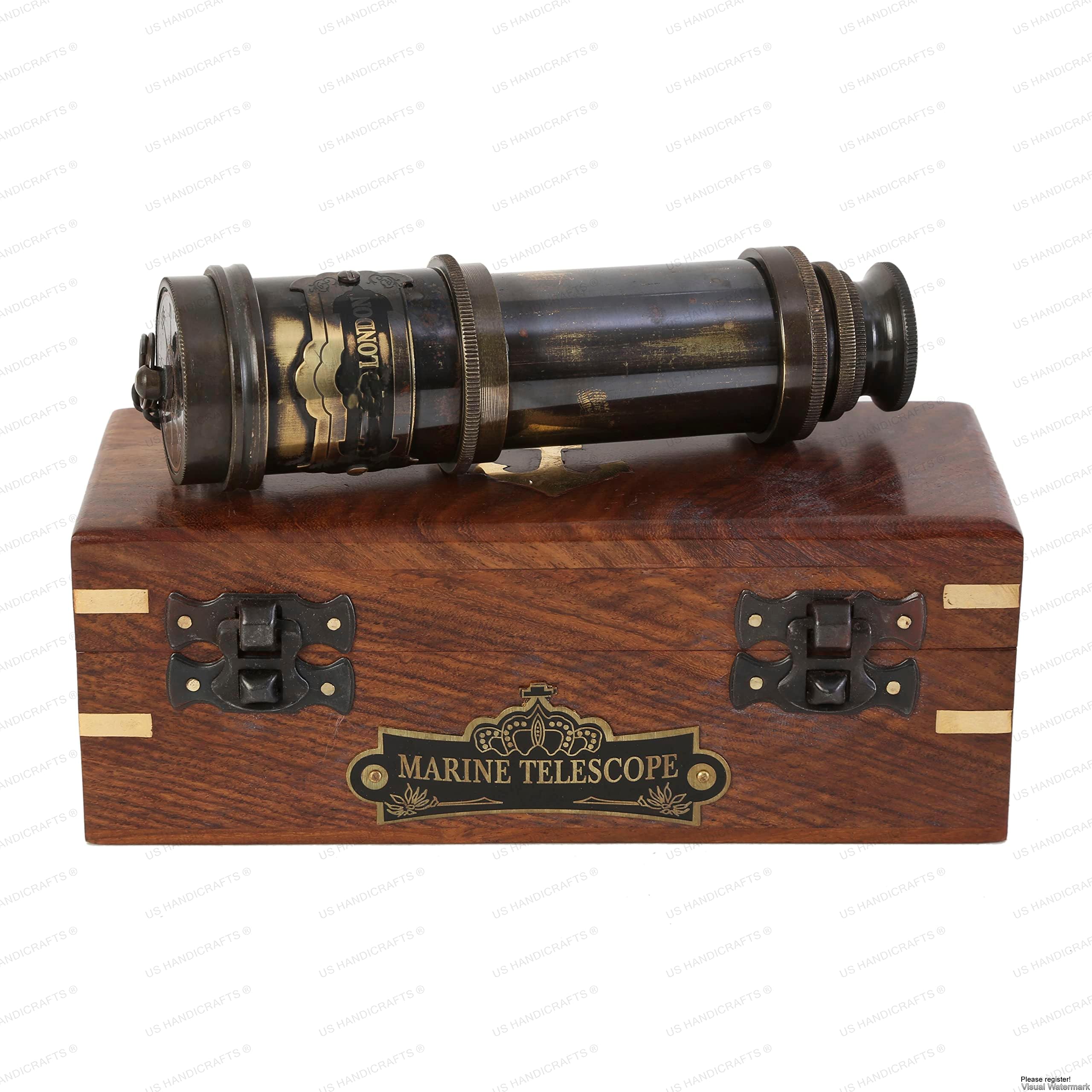 Vintage Brass Spyglass Telescope – Handheld Nautical Captain’s Pirate Telescope with Wooden Box – Antique Maritime Collectible, Functional Monocular for Navigation, Pirate Décor & Gifts