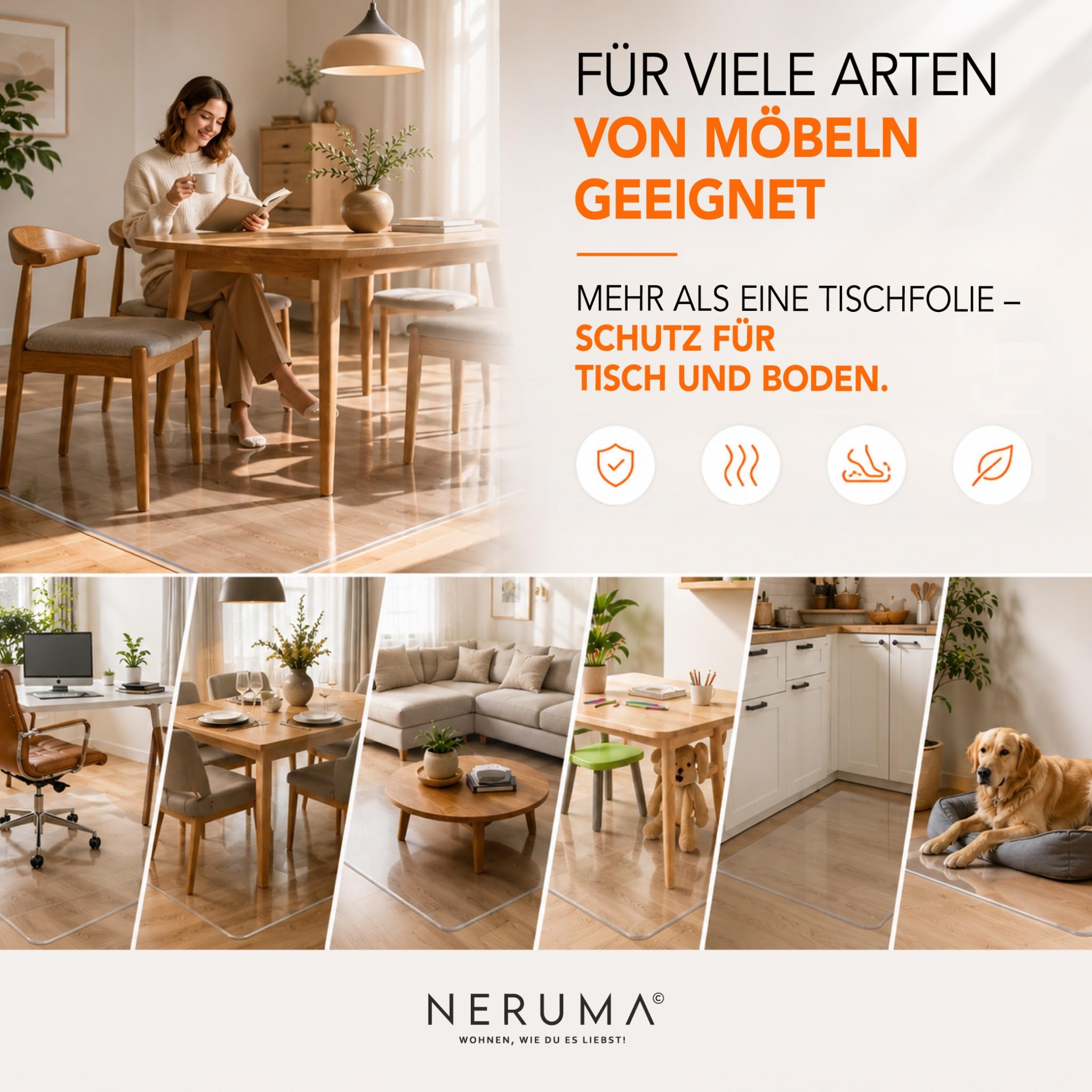 Tischfolie als transparenter Tischschutz, transparente Folien-Tischdecke, Schmutzabweisend, abwischbar und individuell zuschneidbar – 2 mm