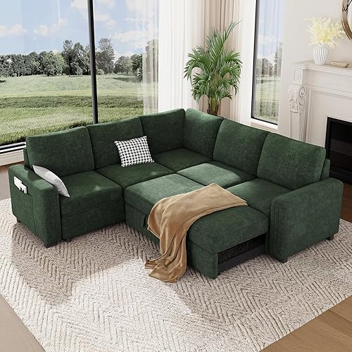 Vesgantti 88.4" Sectional Sleeper Sofa with Pull Out Bed, 5 Seater L Shaped Modular Sectional Couch with Storage, Comfy Chenille Modular Couch for Living Room, Bedroom, Apartment, Green
