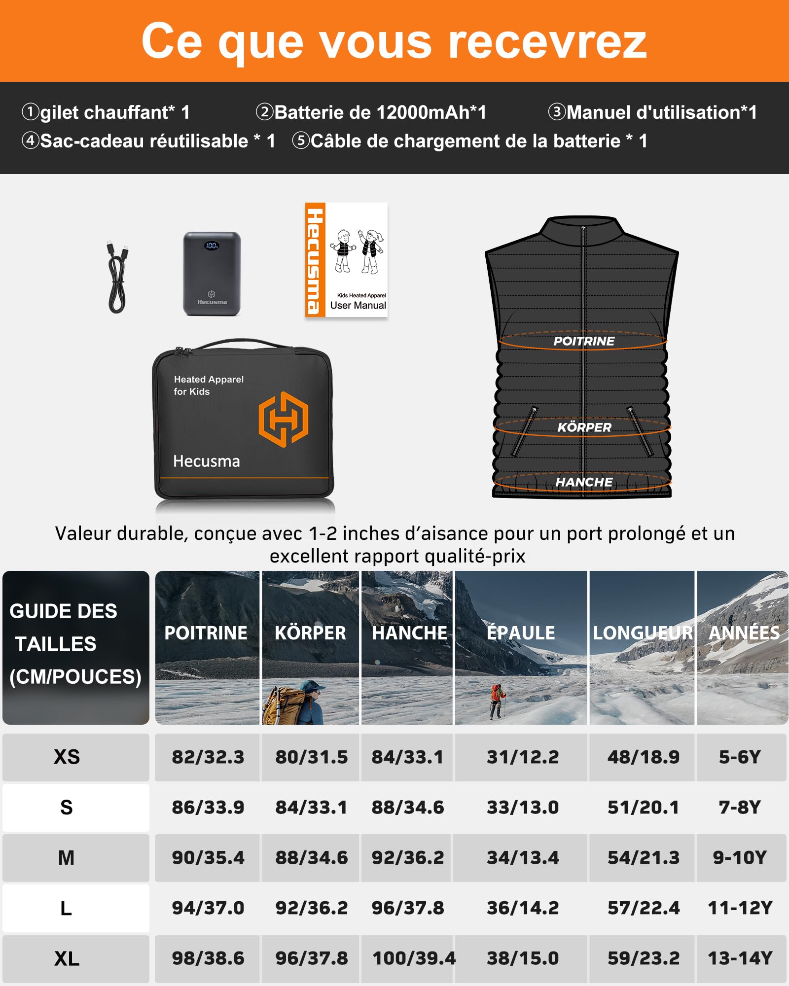Gilet Chauffant Enfant Avec Batterie Incluse 12000mAh 7.4V, Électrique Veste Chauffante Enfant Avec 5 Zones De Chauffage, Gilet Chauffant Pour Garçons Et Filles Pour Plein Air Sports Hiver -XL