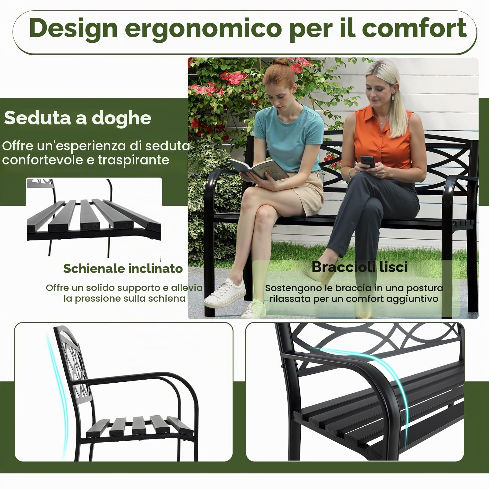 KOMFOTTEU Panca da Esterno in Metallo, Panchina da Giardino 2 Posti con Braccioli, Schienale Ergonomico e Seduta a Doghe, Resistente agli Agenti Atmosferici, Panca da Terrazza, Parco, Cortile, Nero