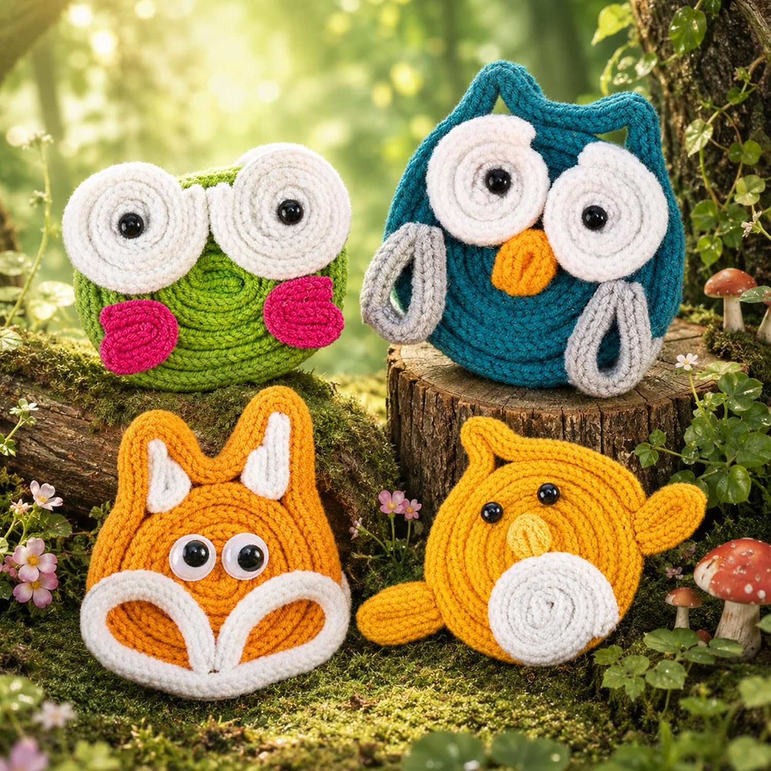 4 Pcs iCord Animals Knitting Kit, Complete Yarn & Aluminum Craft Wire Set | with Colorful Keychains, Static & Dynamic Eyes, Hot Glue, Beginner Friendly Handmade Ornament Craft Kit for Ideal DIY Gift