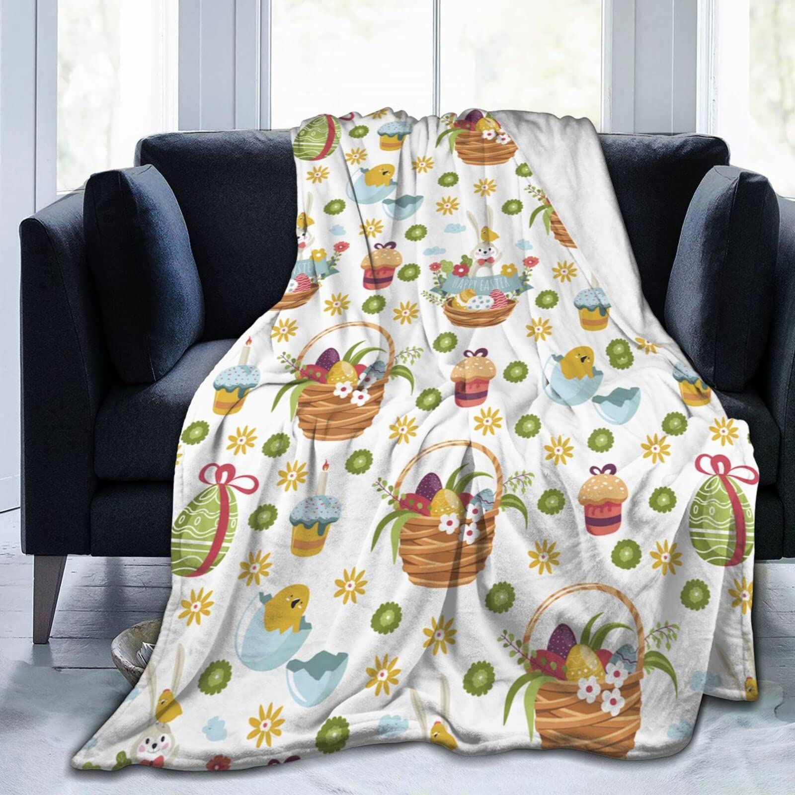 Lsjuee Easter Eggs with Flowers Throw Blanket Warm Cozy Lightweight Blankets Easter Gift Flannel Blanket for Sofa Couch Bed Office Holiday Decorative 50"X40"