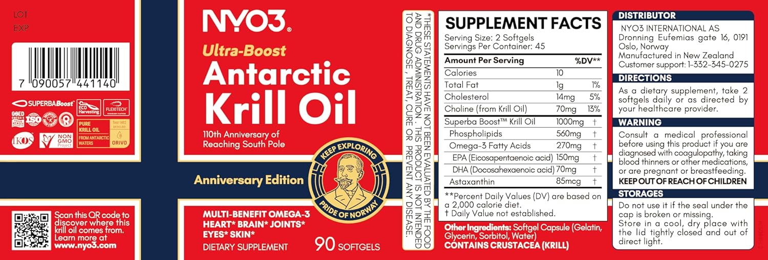 NYO3 Krill Oil Omega 3 Supplement 1000mg 60 Softgels EPA & DHA, Pure Antarctic Krill Oil with Astaxanthin and 56% Phospholipids Third Party Tested - Image 9
