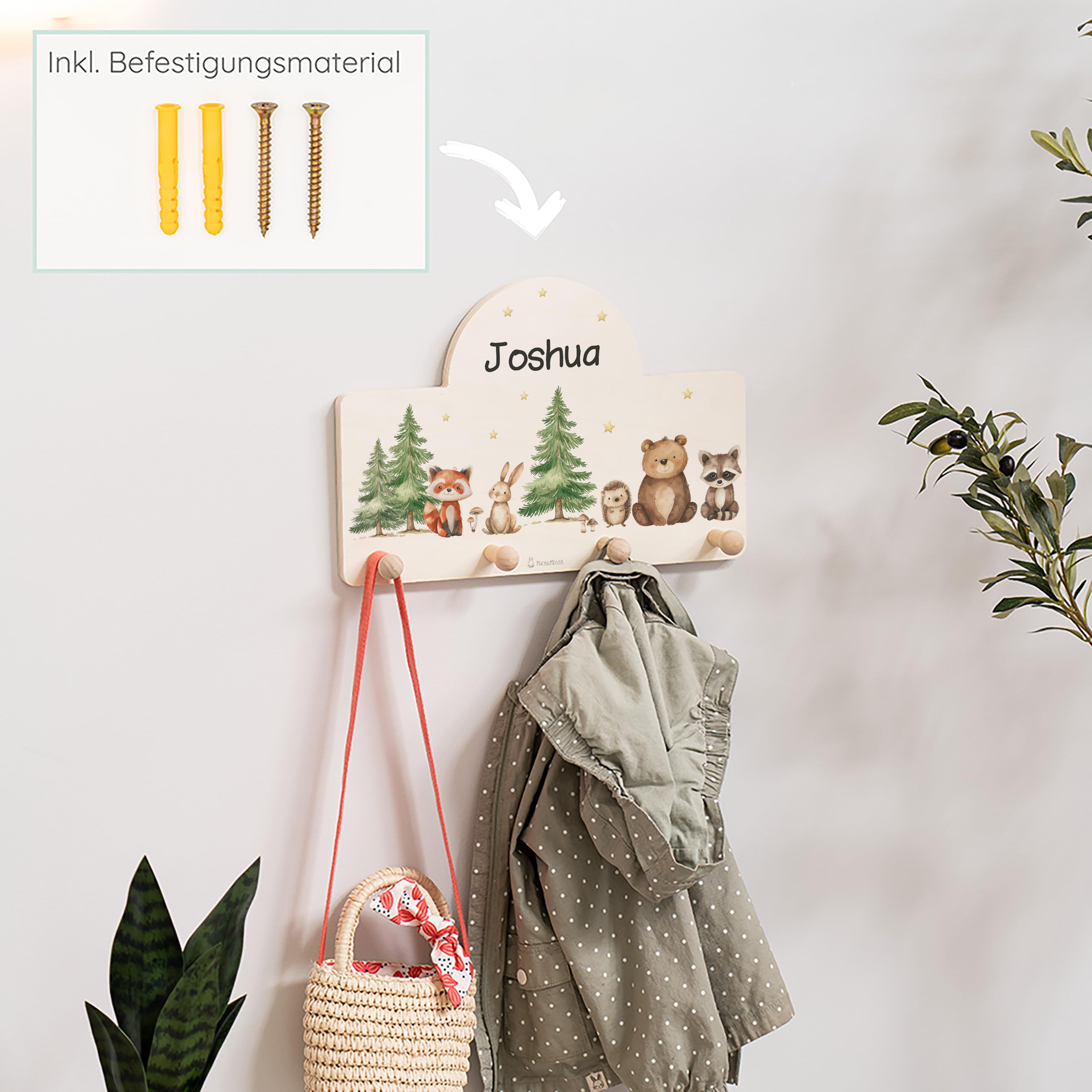 Geschenkfreude Personalsierte Kindergarderobe mit Namen aus Holz - Kinder Garderoben Waldtiere - einzigartige Kinderzimmer Deko - Wandgarderobe - Baby Garderobe - Kleiderhaken für Kinder
