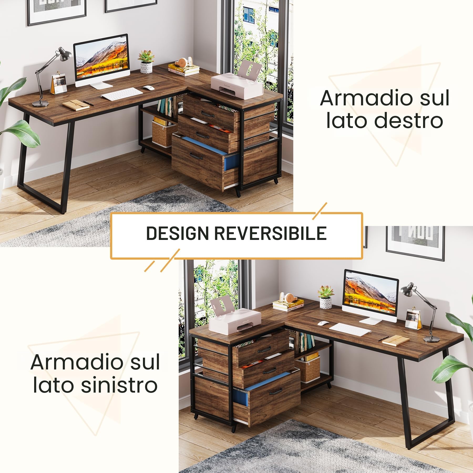 Tribesigns Scrivania per computer a forma di L con 3 cassetti, scrivania angolare reversibile per casa e ufficio con ripiani, scrivania industriale per PC da 130 cm, postazione di lavoro per piccoli