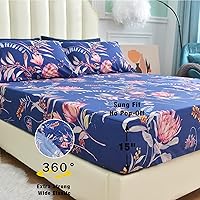 Vista 3 de JSD Juego de sábanas florales azul marino, tamaño individual, sábanas de microfibra impresas de 3 piezas, bolsillo extra profundo, sin arrugas