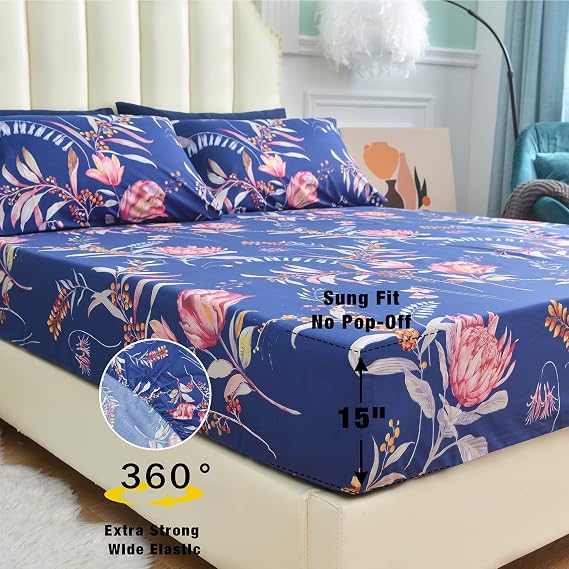 JSD Navy Floral Sheet Set Twin Size, 3 Piece Printed Microfiber Sheets Extra Deep Pocket Wrinkle Free