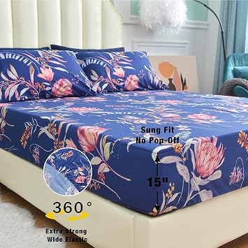 JSD Navy Floral Sheet Set Twin Size, 3 Piece Printed Microfiber Sheets Extra Deep Pocket Wrinkle Free