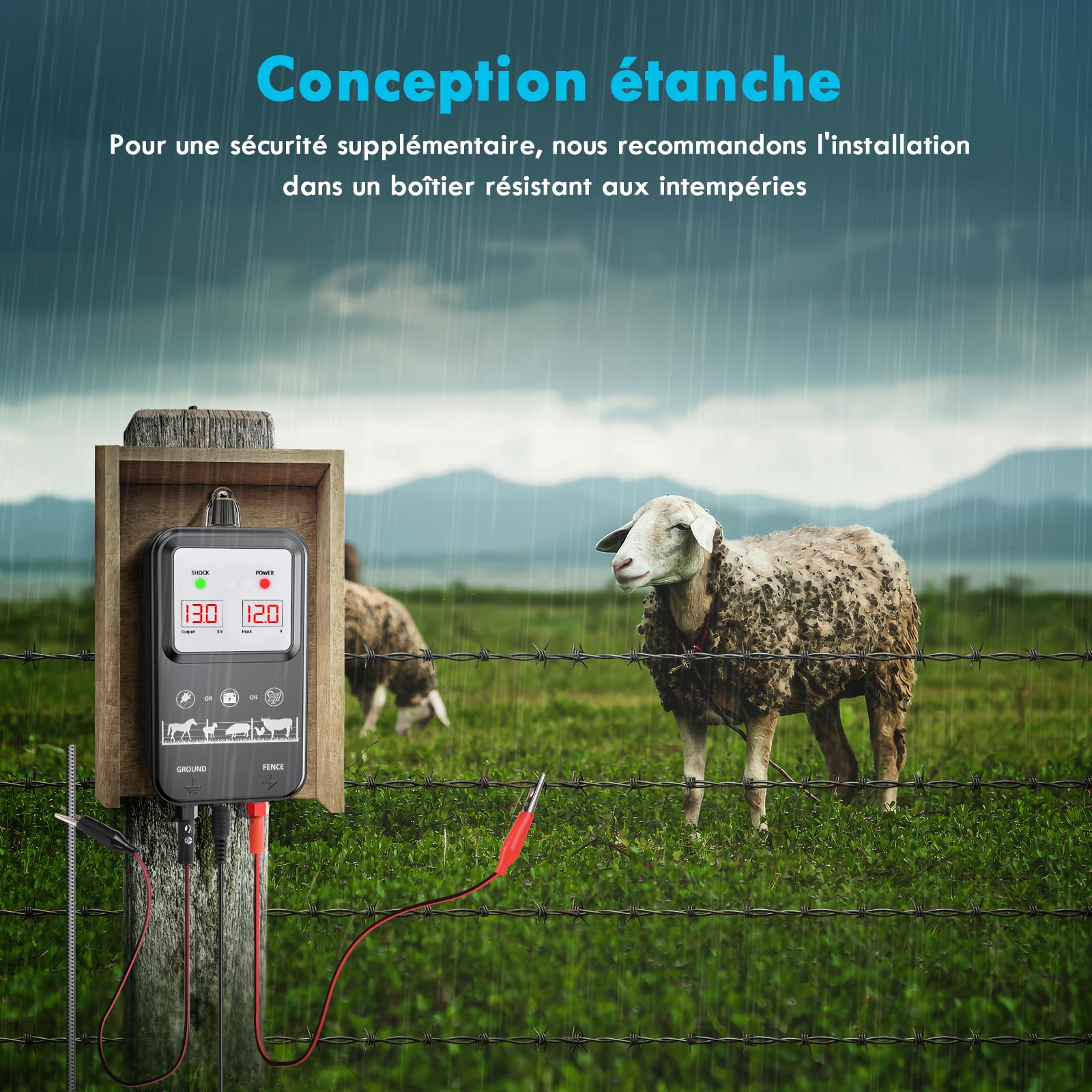 15KM Clôture Électrique pour Animaux, Tension Réglable 7-13KV Puissante 2J electrificateur Clôture Électrique avec Écran LCD, Haute Puissance Étanche Clôture Électrique pour Ferme Jardin Pâturage