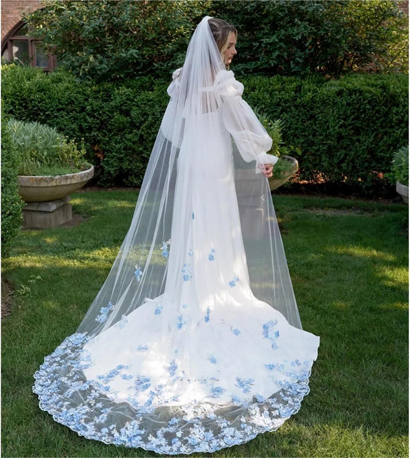 Stunning Blue 3D Floral Outdoor Wedding Veil with Comb - Long Cathedral Tulle Bridal Accessory Girls