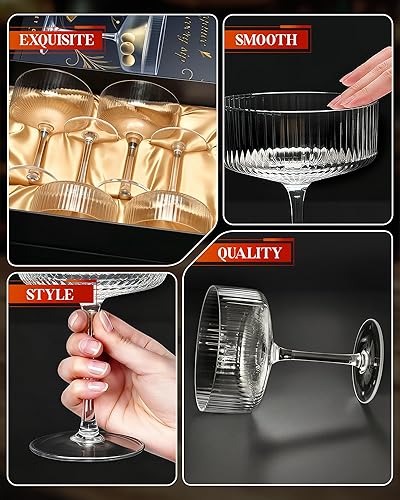 Miniatura 8 de Evoio Martini Coupe - Juego de 4 vasos de cóctel vintage acanalados, elegantes vasos de cóctel vintage de 10 onzas, vidrio de cristal de primera