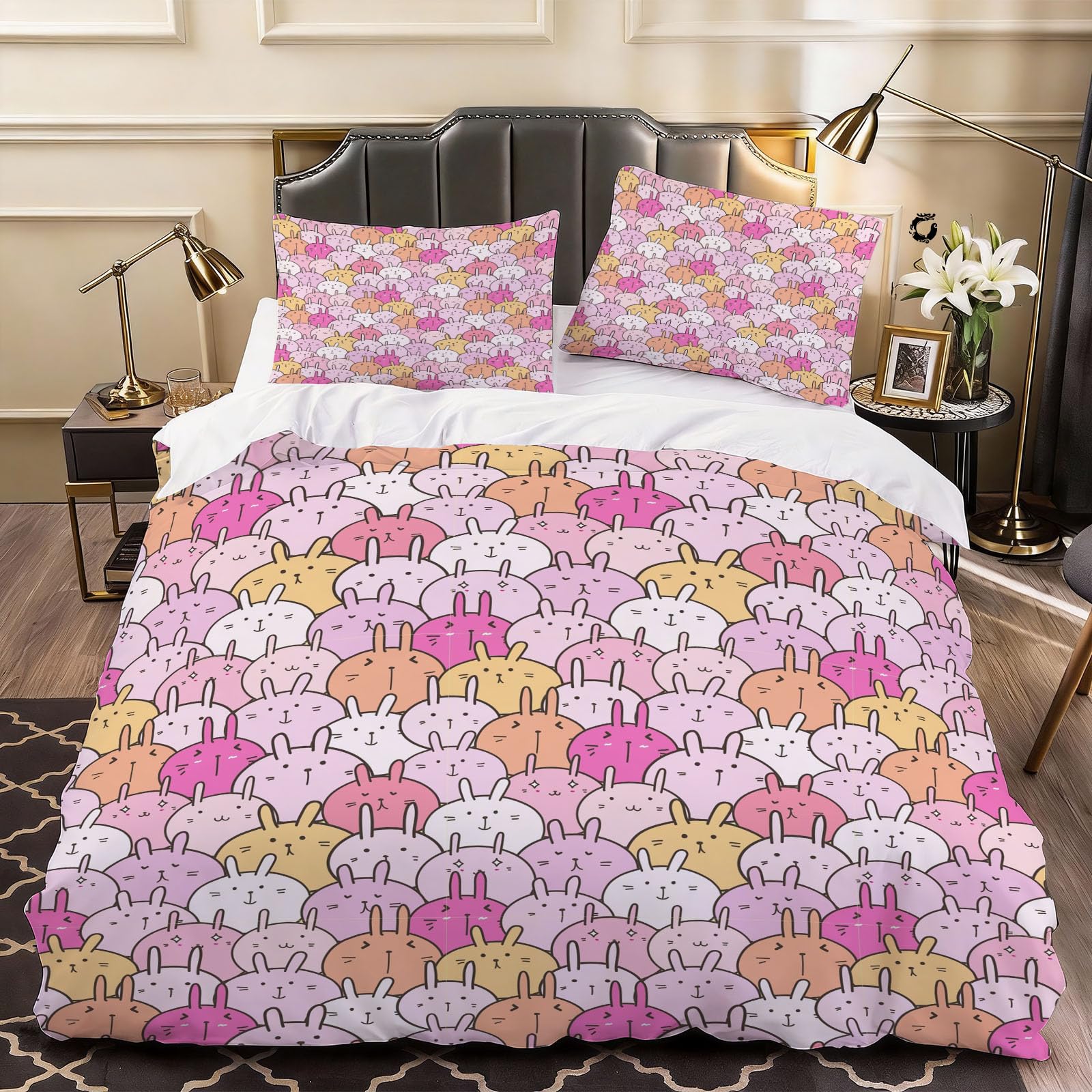 3D Cartoon Animal Rabbit Duvet Cover Cute Animals Bedding Double Bed Set, Soft Microfiber Comforter Cover Printed with Zipper Closure Quilt Coverr 200x200 cm and 2 Pillowcases