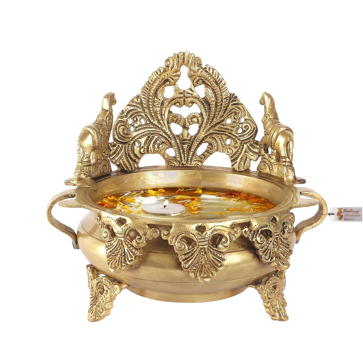 Two Moustaches Ethnic Carved Brass 7 Inches Urli Bowl Showpiece, Brass Urli for