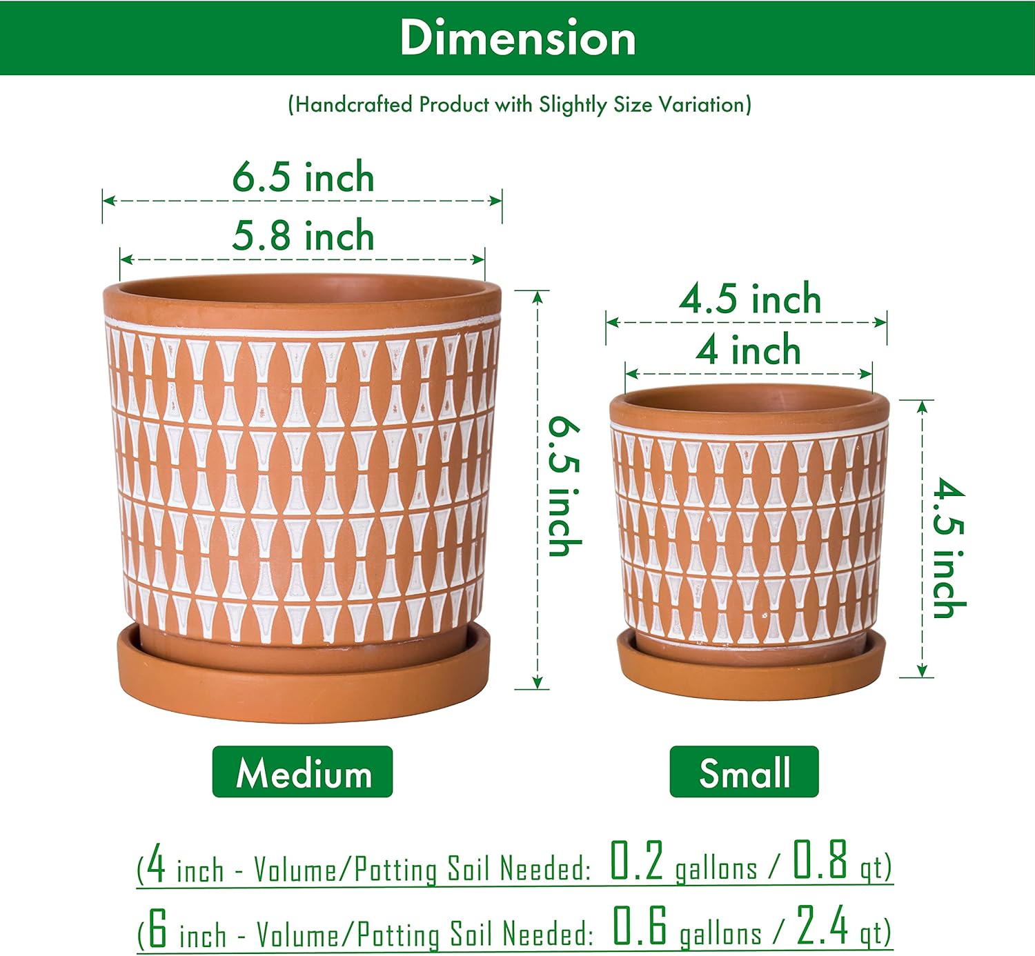 D'vine Dev Set of 2 Terracotta Pots, 4 Inch & 6 Inch, Planter Pots for Plants with Drainage Holes and Saucers, Pottery Red/White, 31-958-B-1