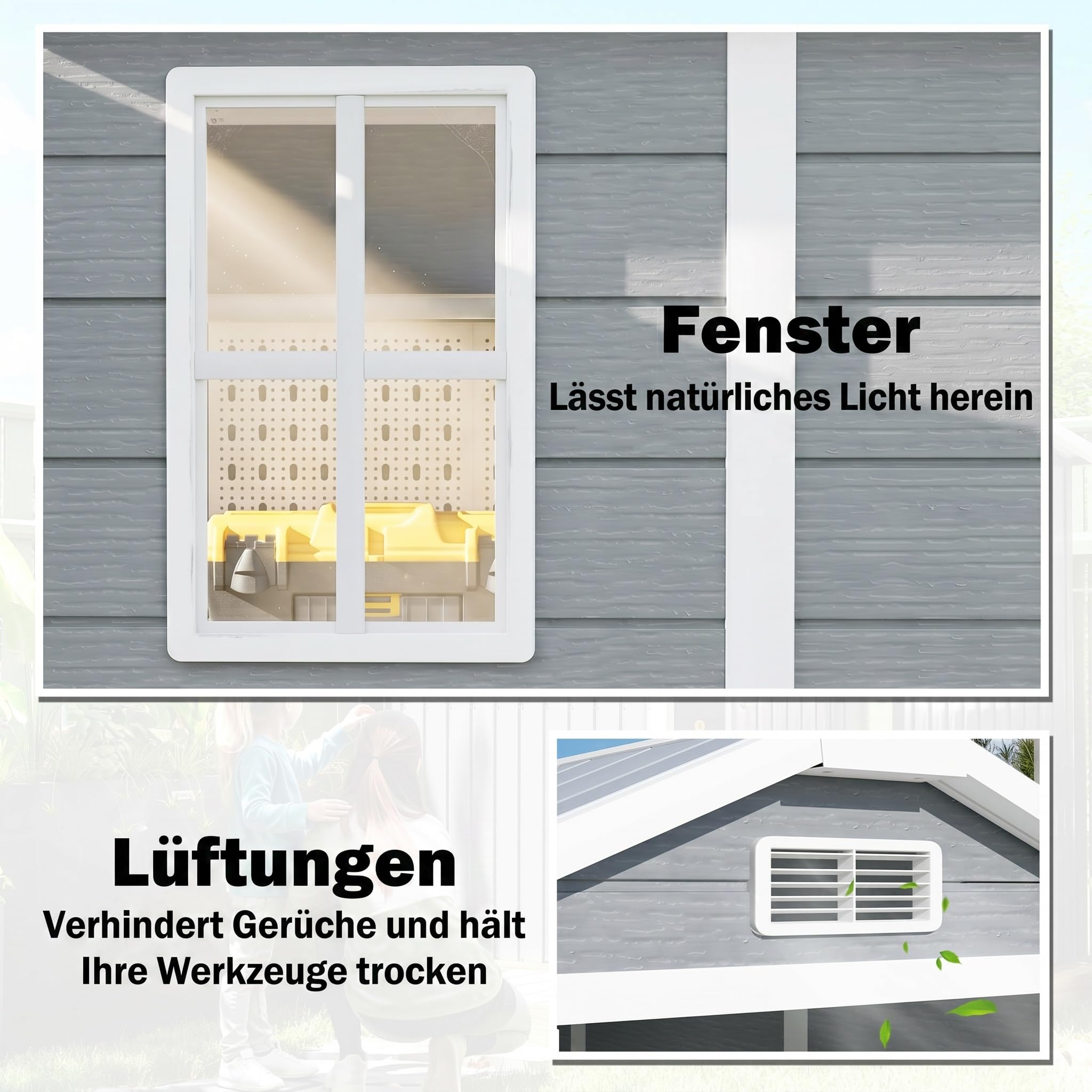 Outsunny Gerätehaus 2,1m² Wasserdicht mit Boden 131x186x198/172 cm Grau | Pultdach Gartenhaus, Geräteschuppen, Abschließbar Tür, Fenster, Fahrradgarage, Kunststoff, Hinterhof, Garten