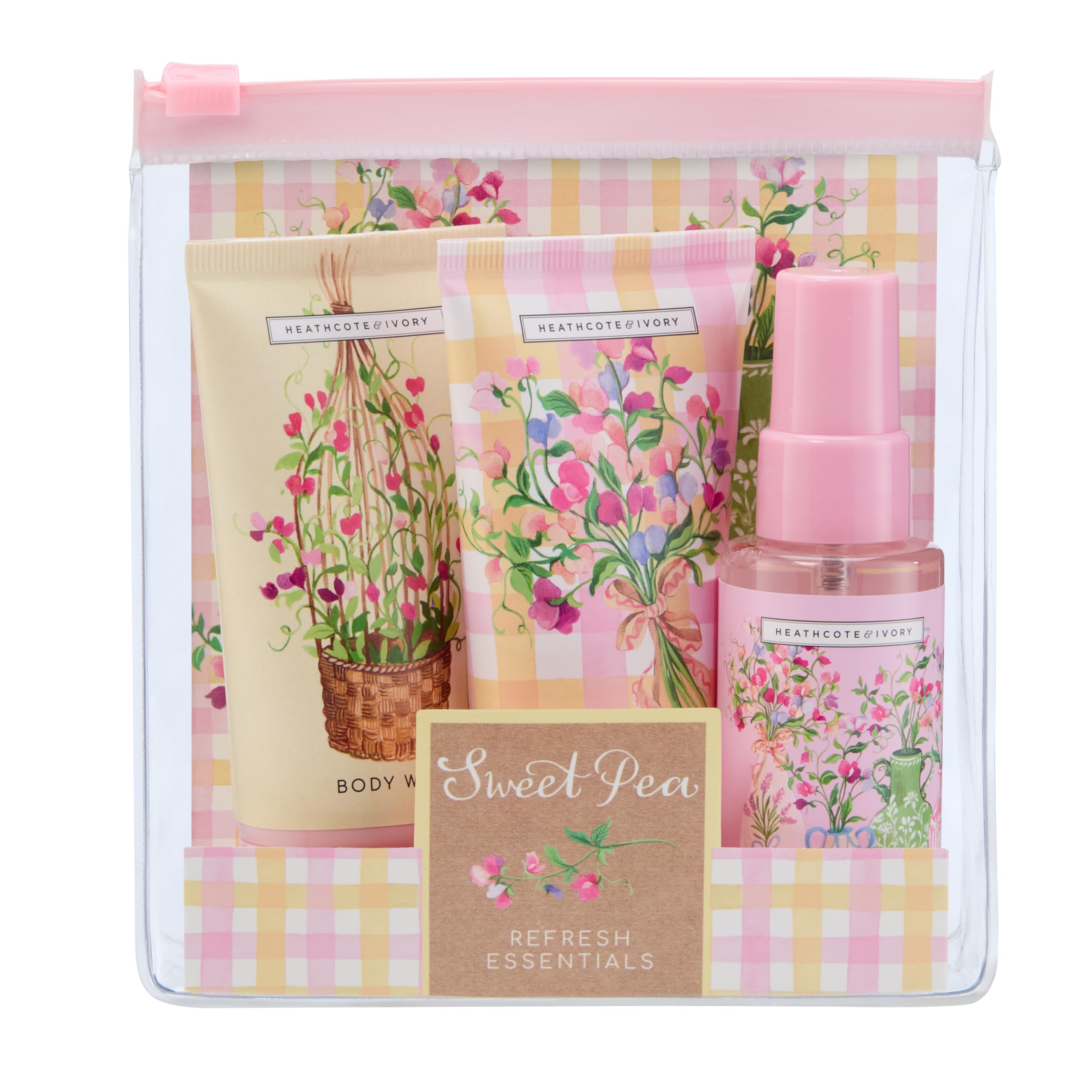 Heathcote & Ivory Body Wash, Cream and Spray 3x 50ml, Moisturiser, Sweet Pea Scent, Moisture Locking Glycerin, Vitamin B5, Travel Size, Vegan and Cruelty Friendly, Beauty Gift For Her