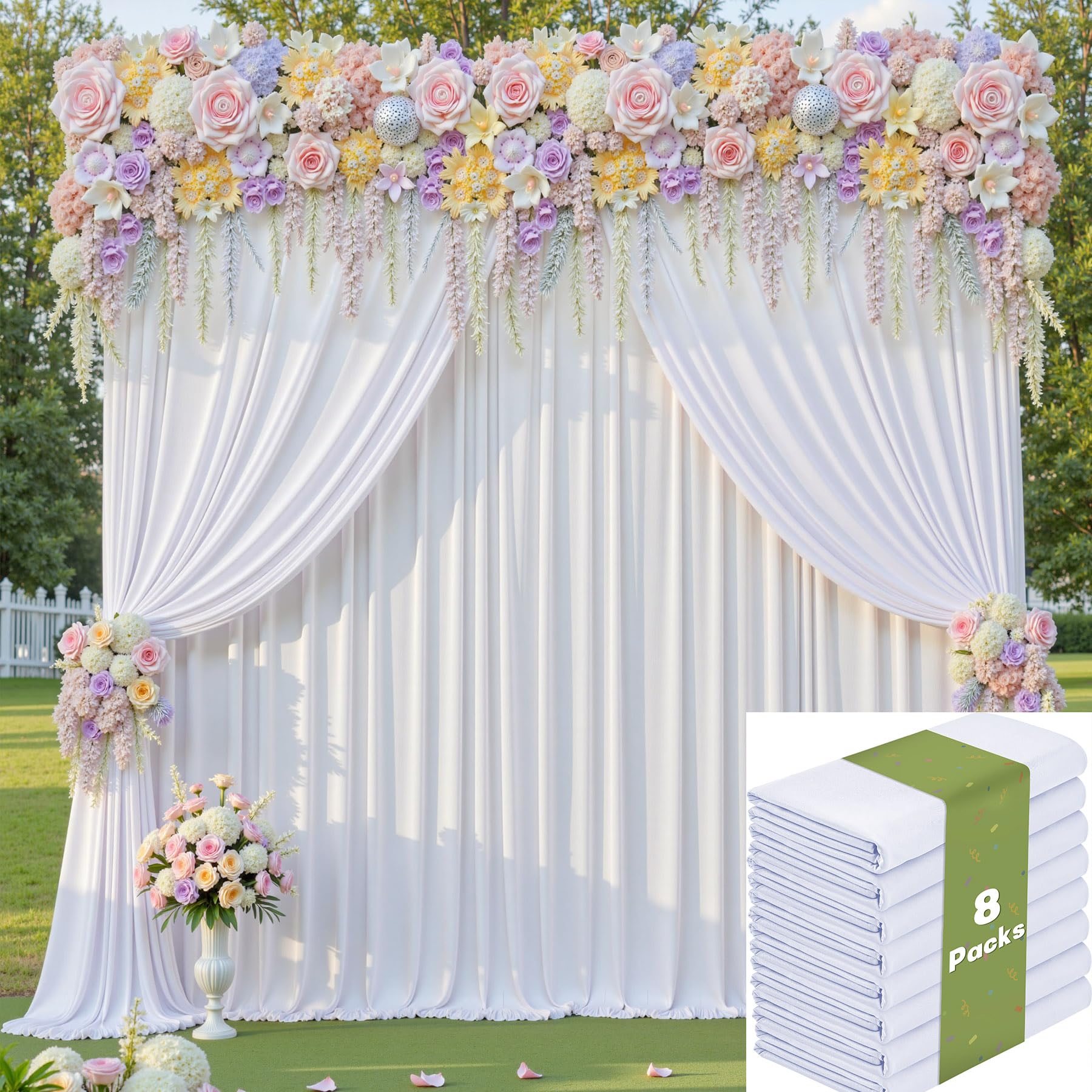 40ftx10ft Wrinkle Free White Backdrop Curtains for Party Background, 8 Panels 5x10ft Silky Polyester Photo Backdrop Drapes Back Drop Cloth for Wedding