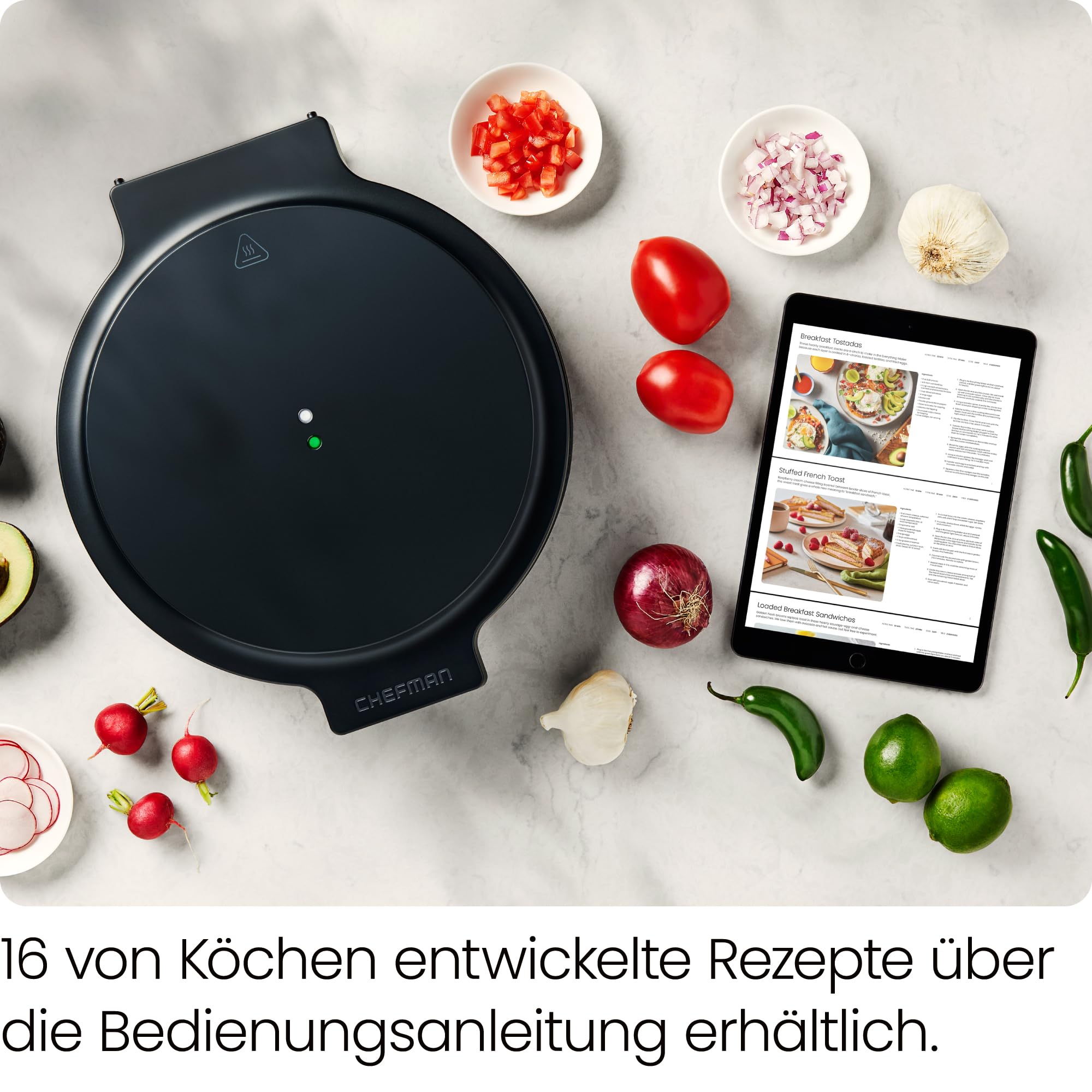 Chefman Everything Maker, 30 cm Pizzaofen mit Antihaft-Kochplatten | elektrisch, für Pizza, Quesadillas & Omelettes, Arbeitsplatte, Kontrollleuchten