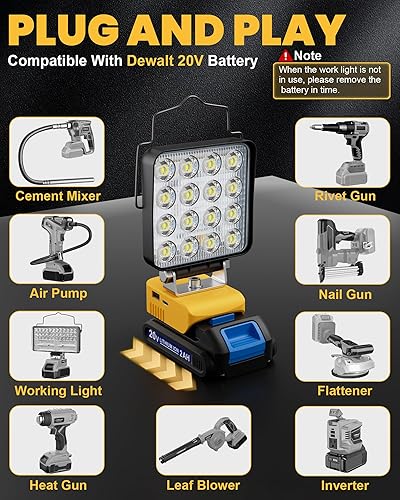 Vista 52 de LIVOWALNY Luz de trabajo LED compatible con batería Dewalt de 20 V, linterna inalámbrica de 38 W 3800 LM, herramientas de 20 V, reflector portátil