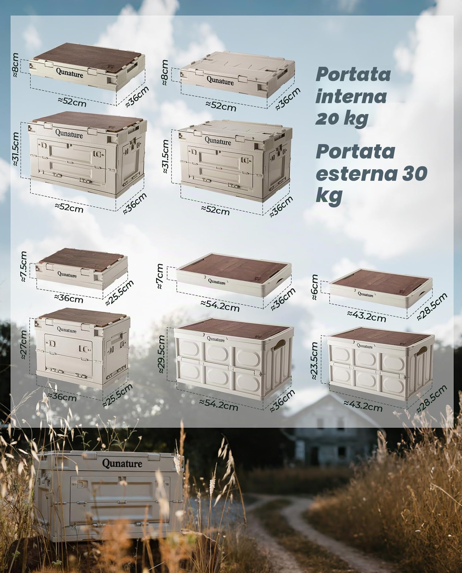 Scatola Portaoggetti da Campeggio Pieghevole, Scatola di Stoccaggio con Copertura in Legno, Organizer per Armadio, Casa, Bagagliaio Auto, Viaggio, Campeggio, Picnic, 55L