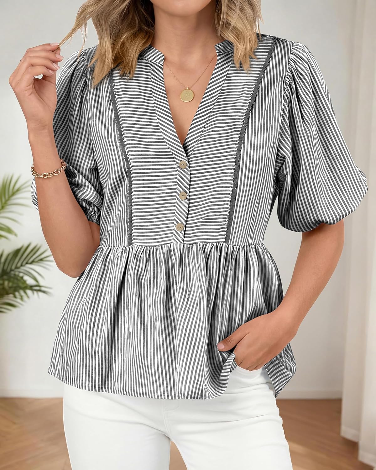 dowerme Womens Summer Tops 2026 Fashion Lantern Short Sleeve V Neck Button Peplum Shirts Spring Stripes Babydoll Blouses - Image 7