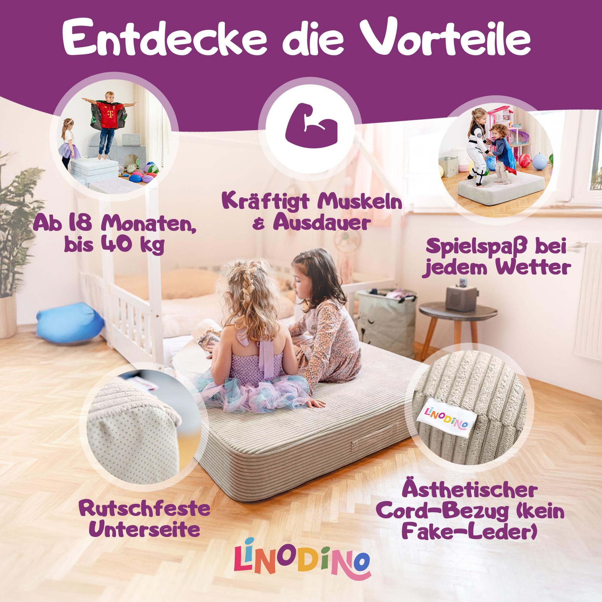 Linodino Hüpfpolster für Kinder 107x70x17cm – Hüpfmatratze Cord-Bezug mit Federkern – Oeko-Tex Standard 100 Zertifiziert & waschbar