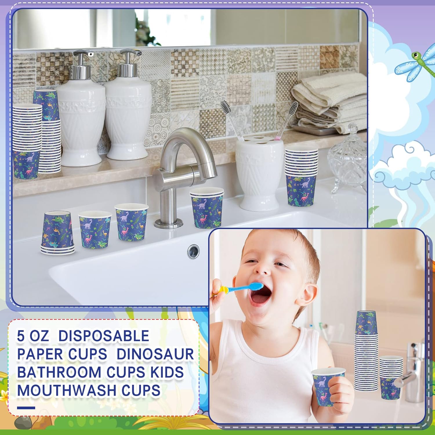 Amyhill 300 Pcs 5 oz Cups for Kids Dinosaur Paper Cups Animals Disposable Cups Small Bathroom Cups Mini Mouthwash Cup Bulk for Christmas Party Picnic - Image 5