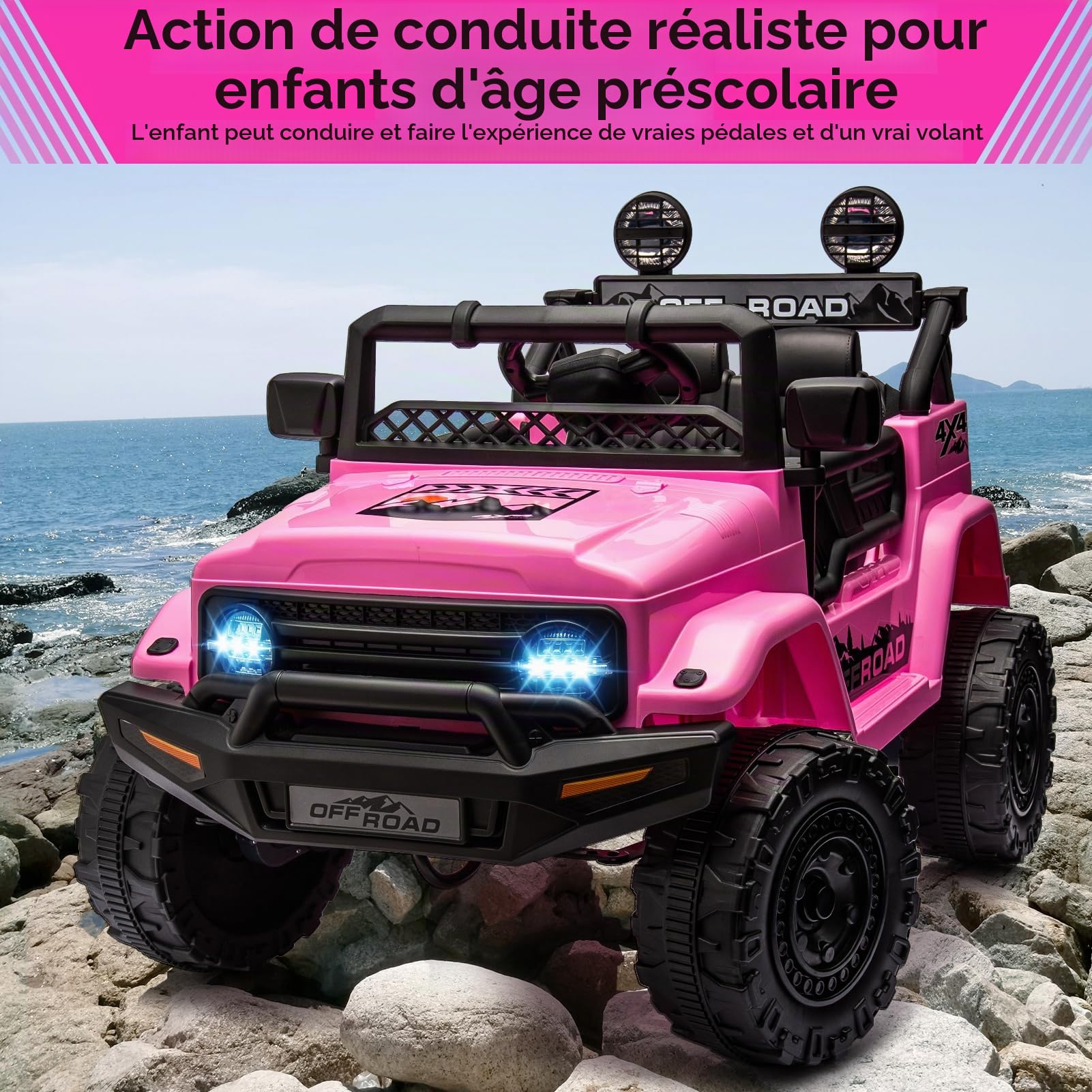 Voiture Électrique Enfant 12V, Quad Électrique pour Enfant, Suspension à Ressort, Ceinture De Sécurité, Lumières LED, sans Fil, MP3/USB/TF, 3 Vitesses, 3-8 Ans, Rose