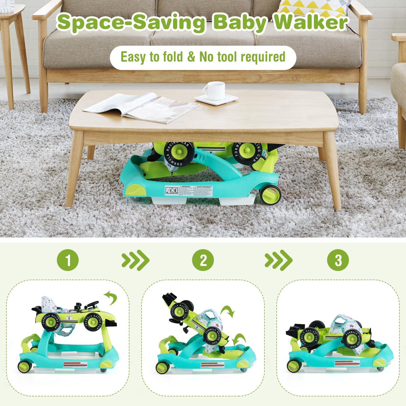 GIANTEX 4 in 1 Lauflernhilfe, Lauflernwagen klappbar mit einstellbarer Höhe & Geschwindigkeit, Baby Walker mit Musikbox, Licht & Rädern, bis 15kg belastbar, Gehfrei für Baby ab 6 Monaten (Grün)