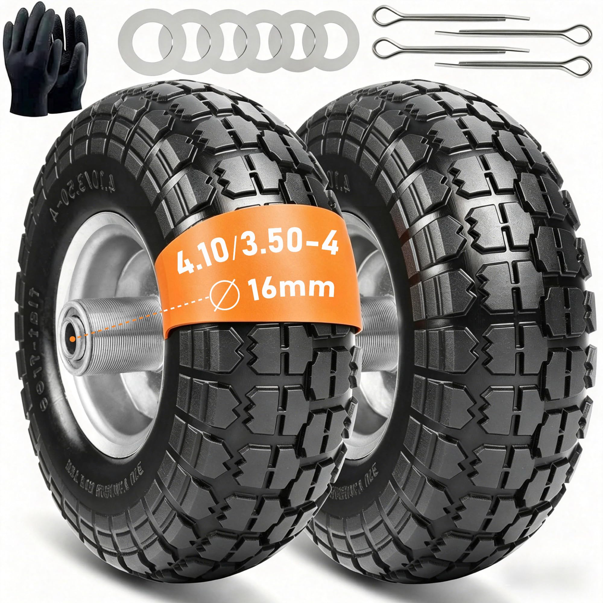 Wheelbarrow Wheel with Solid Rubber Tyres - Solid Rubber Tyres 4.10 3.50-4 Wheelbarrow Replacement Wheels 260 x 85 mm (Wheel Axle 16 mm 2 Pieces)
