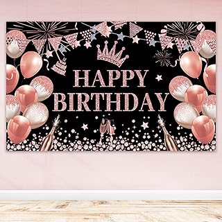 DecorWoo Happy Birthday Backdrop, Women Rose Gold Birthday Background Decorations, 5.9 X 3.6 Fts Fabulous Birthday Banner, Bday Photo Backdrop Party Supplies, for Indoor Outdoor
