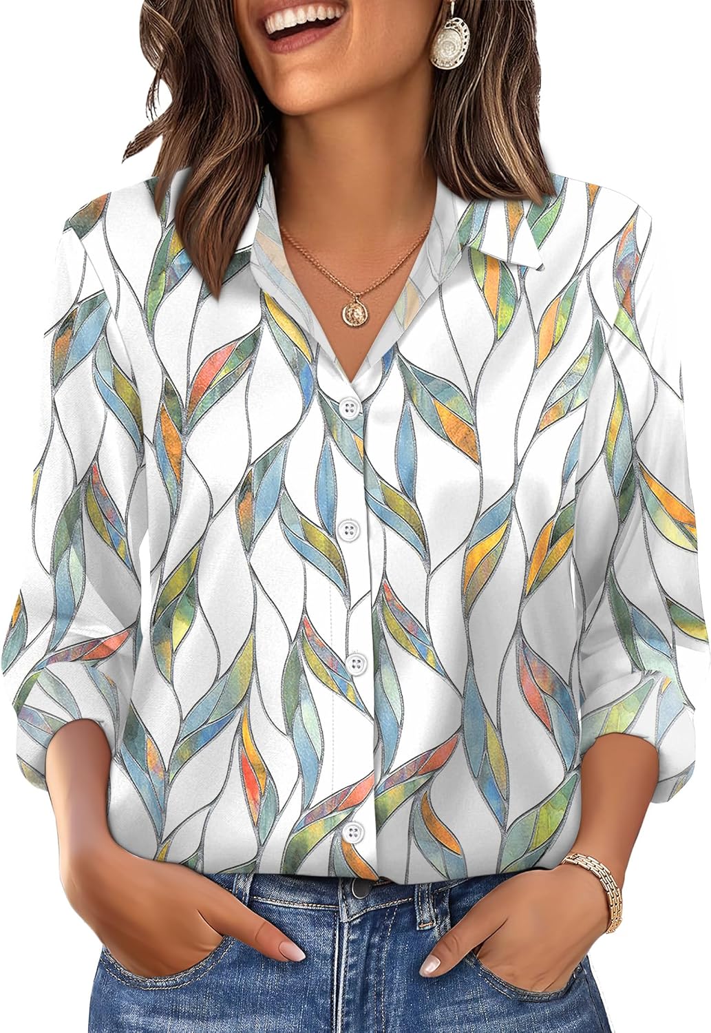 OFEEFAN Womens Button Down Shirts Long Sleeve Tops Silk Satin Blouses Business Casual Fashion Outfit - Image 2