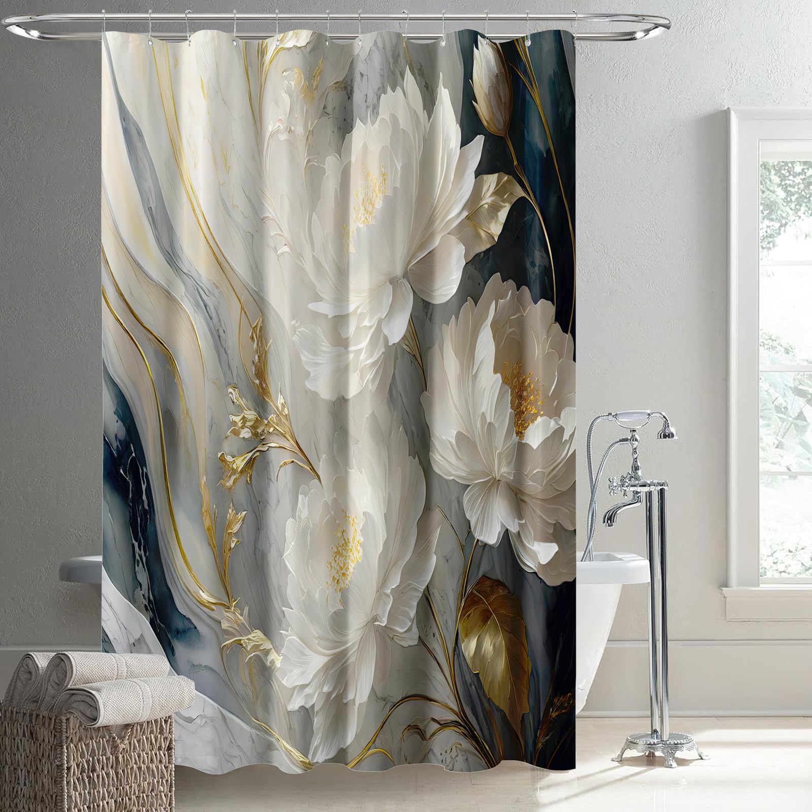 YAEHOCO Abstract Blue and White Flower Shower Curtain Floral Bath Curtain Rustic Farmhouse Modern Bathroom Decor Waterproof Fabric, 72x72 Inch