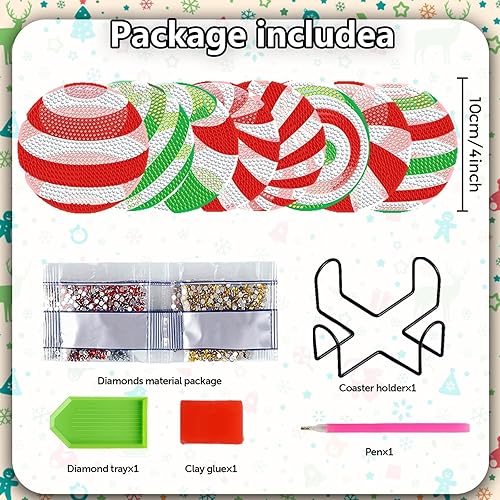 Miniatura 2 de 8 posavasos de diamantes de Navidad con soporte para bricolaje, bonitos posavasos de arte de diamantes 5D, posavasos redondos de acrílico con