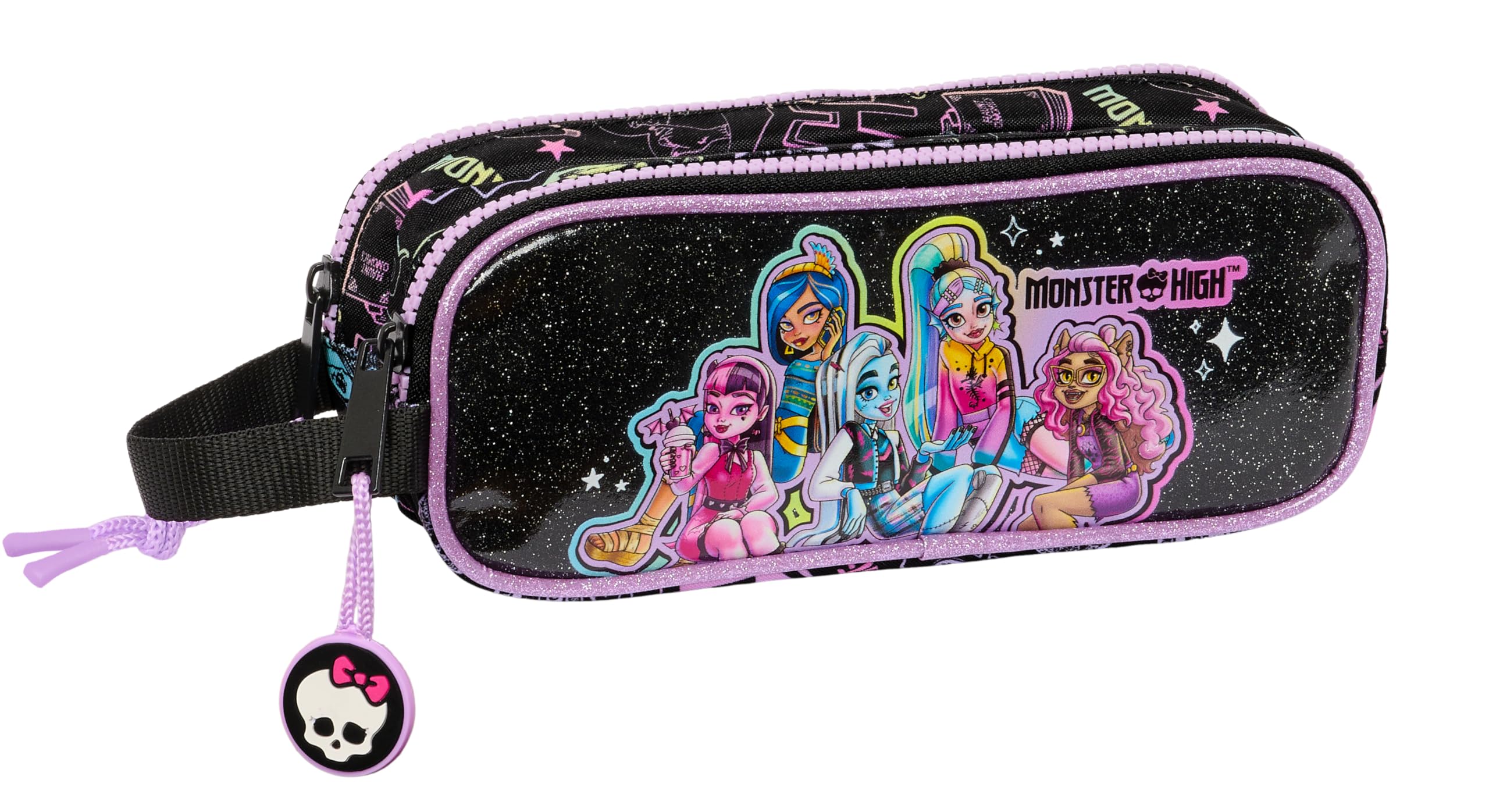 Safta Monster High - Portatodo Doble Niño, Estuche Infantil, Estuche Niño, Ideal para Niños en Edad Escolar, Cómodo y Versátil, Calidad y Resistencia, 21x6x8 cm, Color Negro