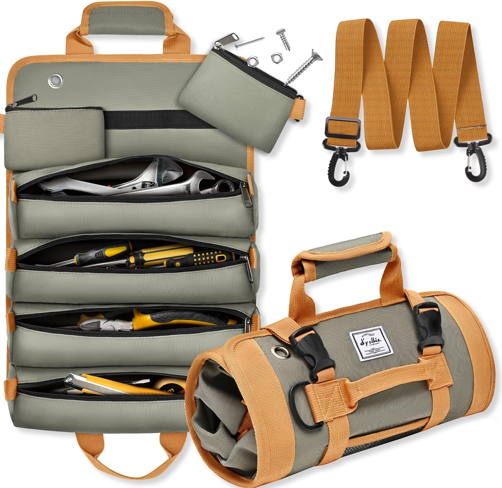 Tool Bag Roll Up, Heavy Duty Tool Roll Bag Organizer for Men with Detachable Pouches - Gifts for Dad Tool Roll Organizer, Waterproof Tool Storage for Motorcycle, Truck, Electrician, Mechanics