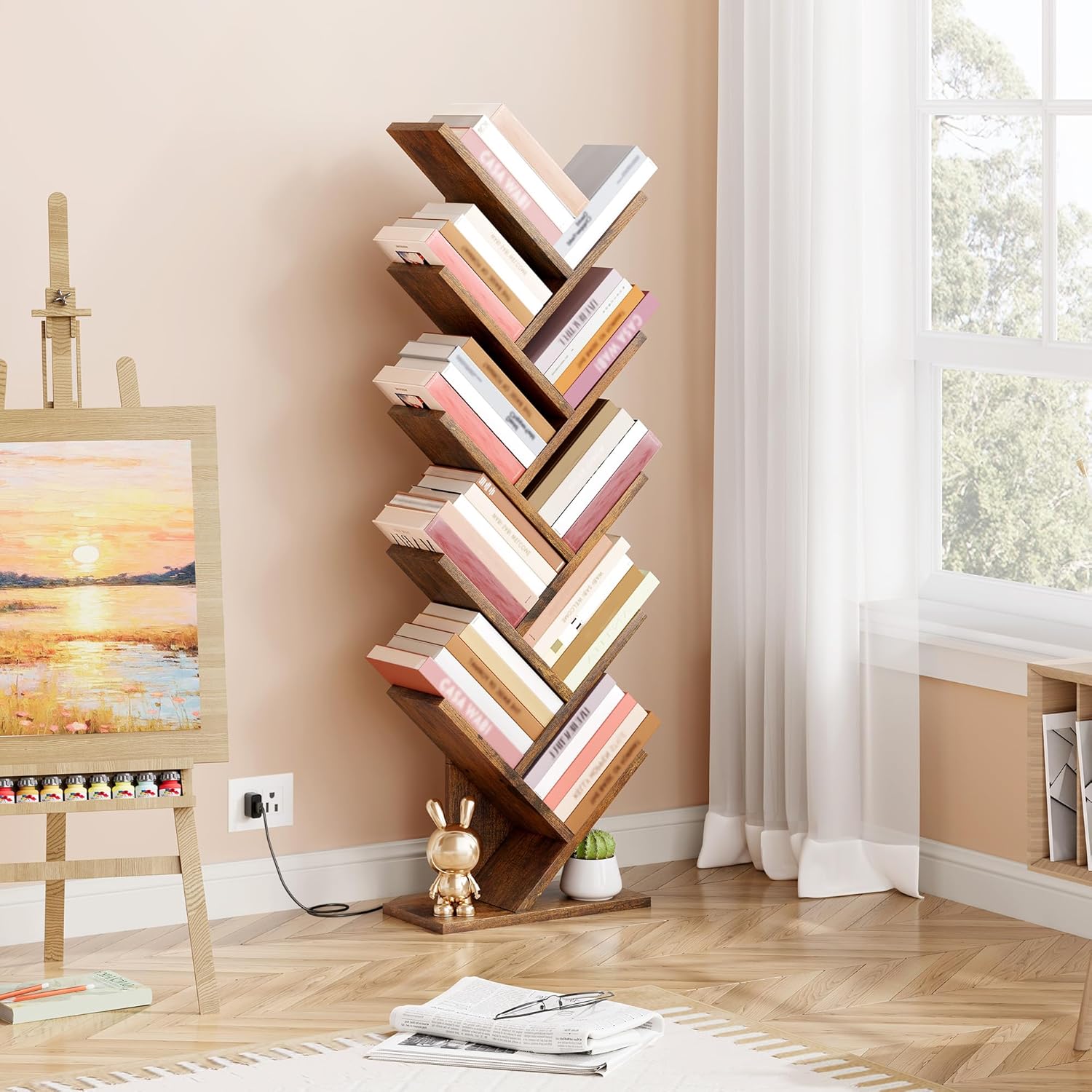 Hoctieon 10 Tier Tree Bookshelf, Tall Bookcase, Freestanding Book Shelf with LED Lights, Display Floor Standing Storage Shelf, Book Organizer Shelves for Home Office, Living Room, Rustic Brown