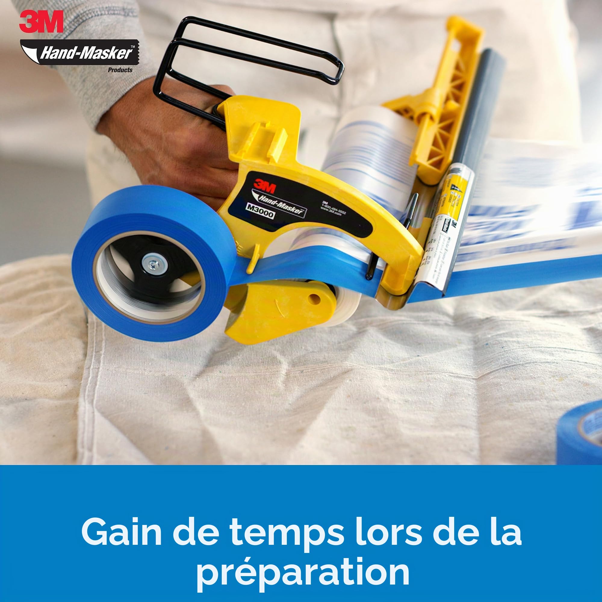 3M Hand-Masker M3000 Kit Film de Masquage et Ruban Adhésif Préassemblés - Parfait pour Fenêtres, Portes, Baignoires et Autres Surfaces - Protection Maximale contre les Éclaboussures de Peinture