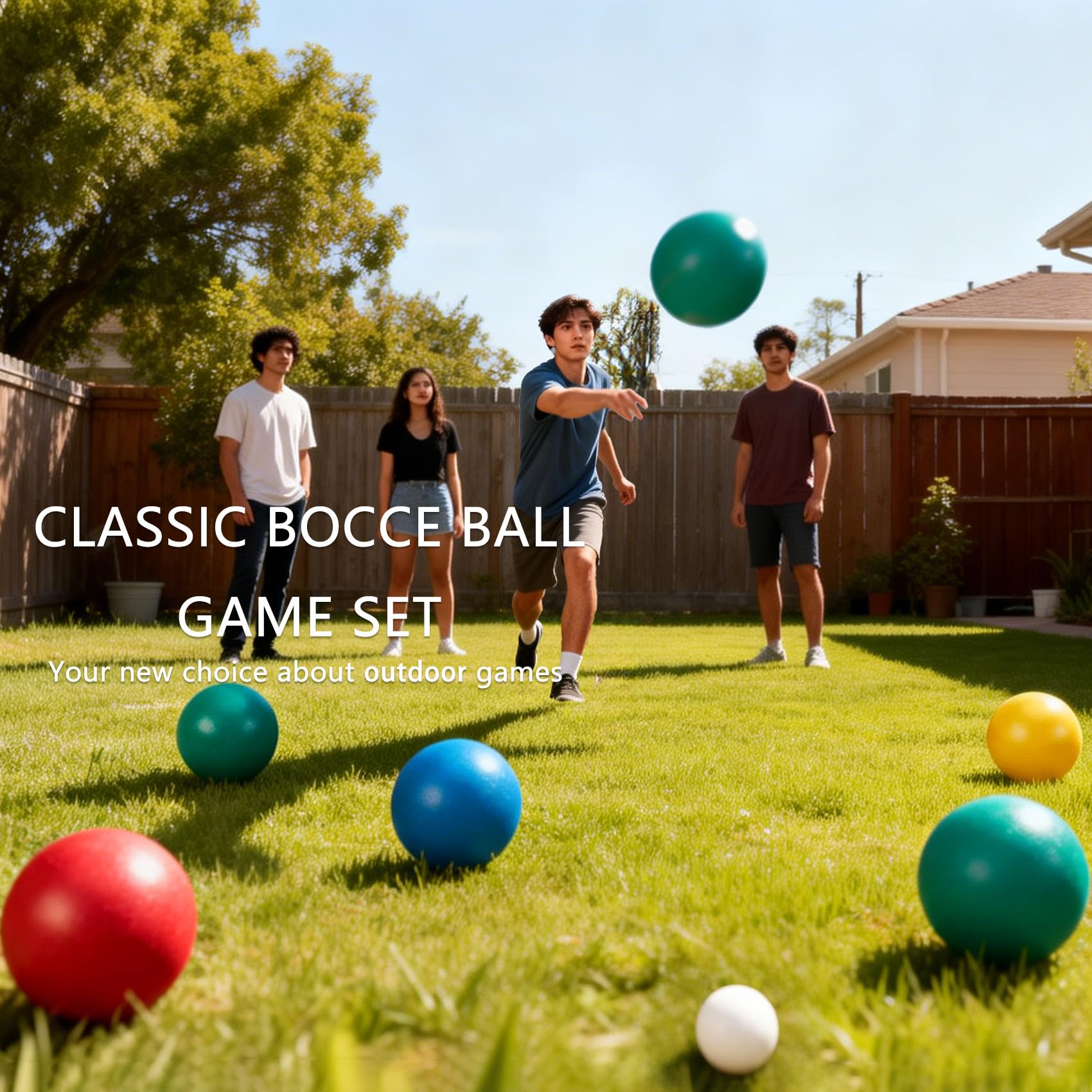 Bocce Zestaw piłek Bocci 84 mm z 8 kulkami PE Bocce | 1 torba do przenoszenia, taśma pomiarowa - gry rodzinne na podwórko / trawnik / plażę (czerwony, niebieski, zielony, żółty)