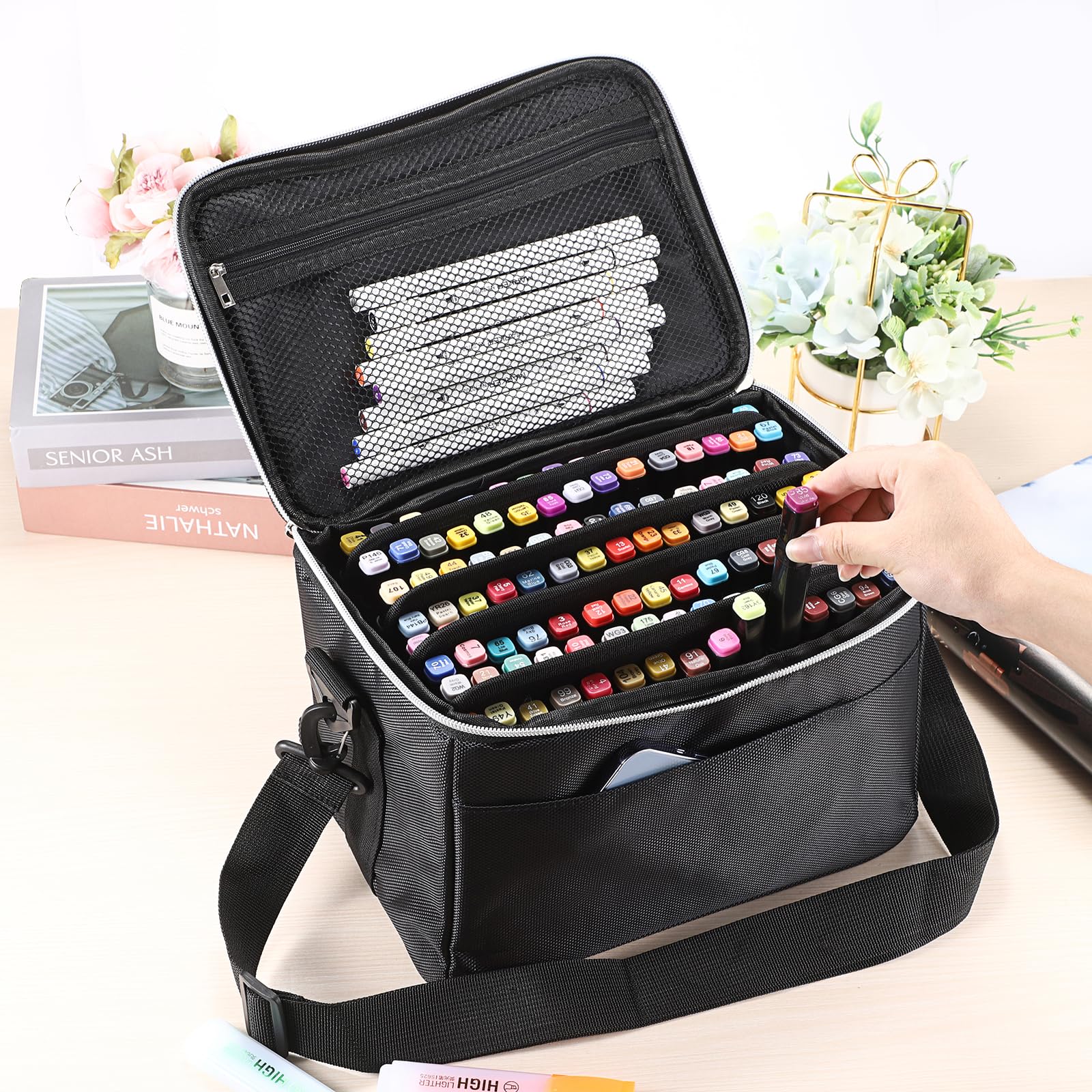 BTSKY Aufbewahrungstasche Mit Großer Kapazität für 120 Marker - Canvas-Tragetasche Mit Schultergurt für Copic-Skizzenmarker - Multifunktionale Kosmetiktasche