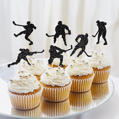 Miniatura 4 de Gyufise 24 adornos de hockey para cupcakes, jugadores de hockey con purpurina negra, selecciones de cupcakes, hockey sobre hielo, temática