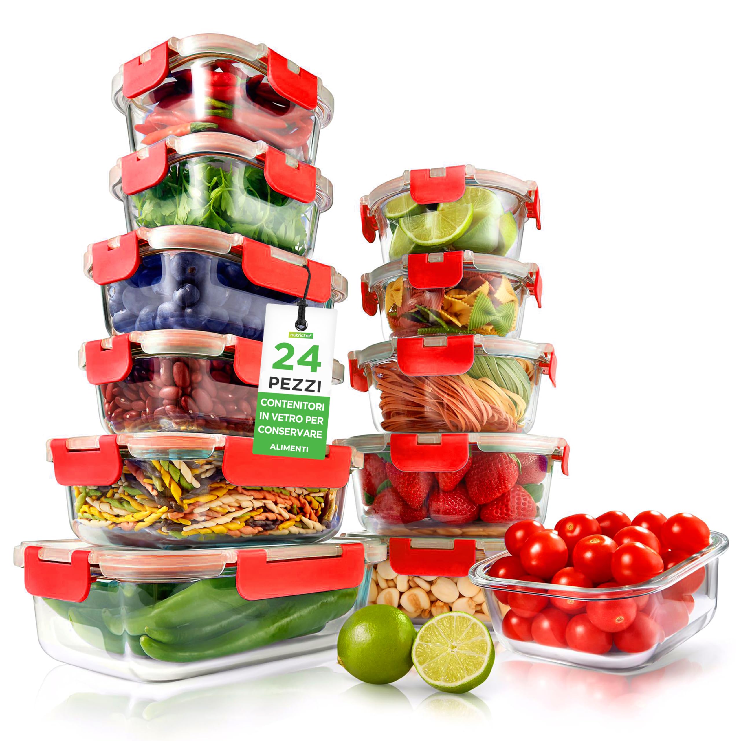 NutriChef Set di 12 Contenitori per Alimenti in Vetro con Coperchi, Contenitori Resistenti per la Preparazione dei Pasti, Sicuri per Microonde, Freezer e Lavastoviglie