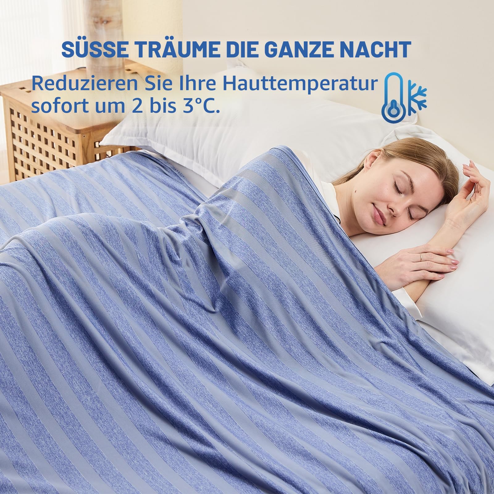 EMME Kühldecke Kühlende Decke, Arc-Chill Q-Max>0,5, 230 x270 cm, 2 in 1 Doppelseitige Dünne Sommerdecke, Leicht Atmungsaktiv Tagesdecken, Sofa Decken,Bettüberwurf Groß Kuscheldecke,Blau Gestreift