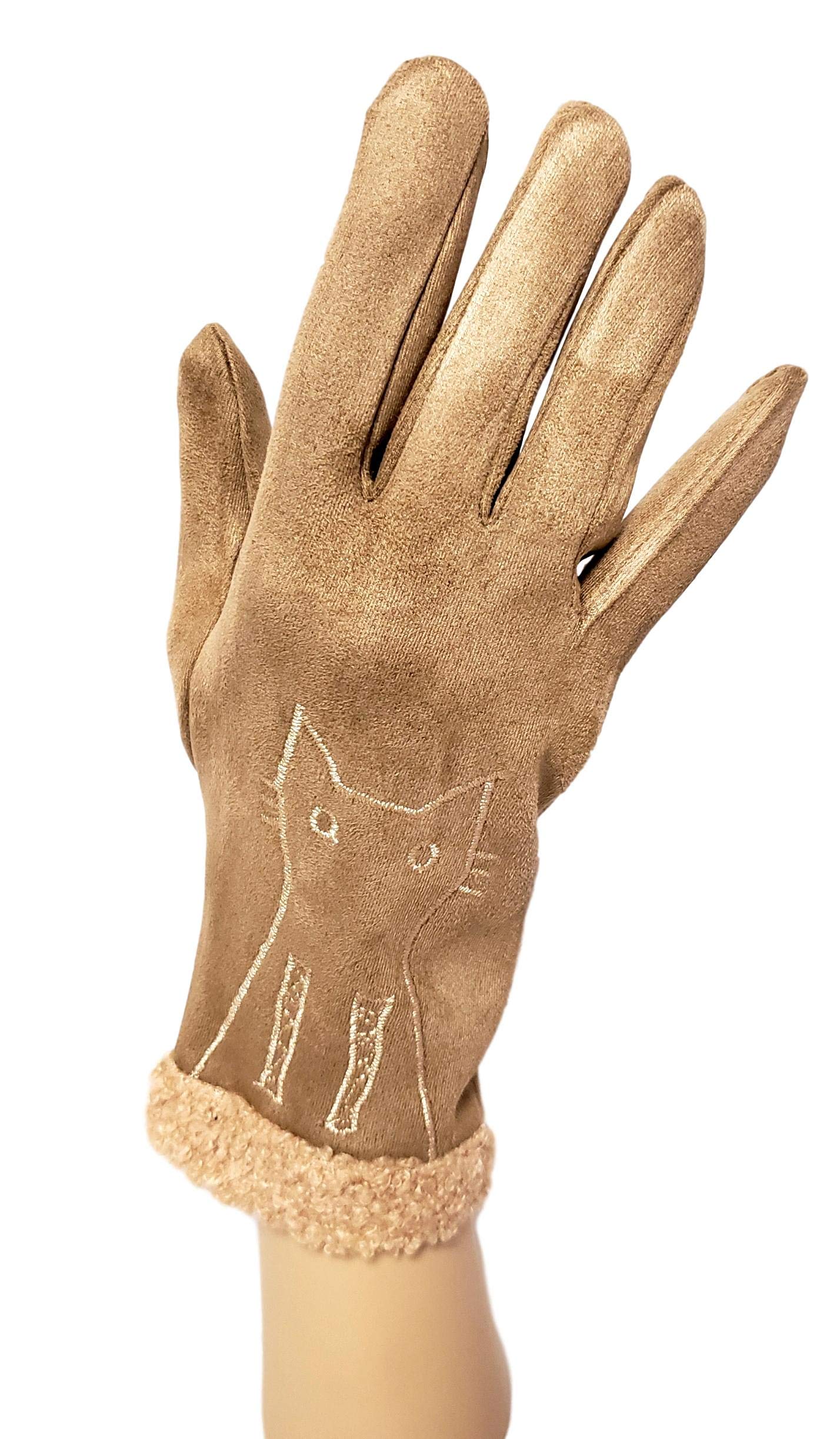 SONA G DESIGNS Womens Fall Winter Embroidery Cat Solid Smart Glove (Tan)