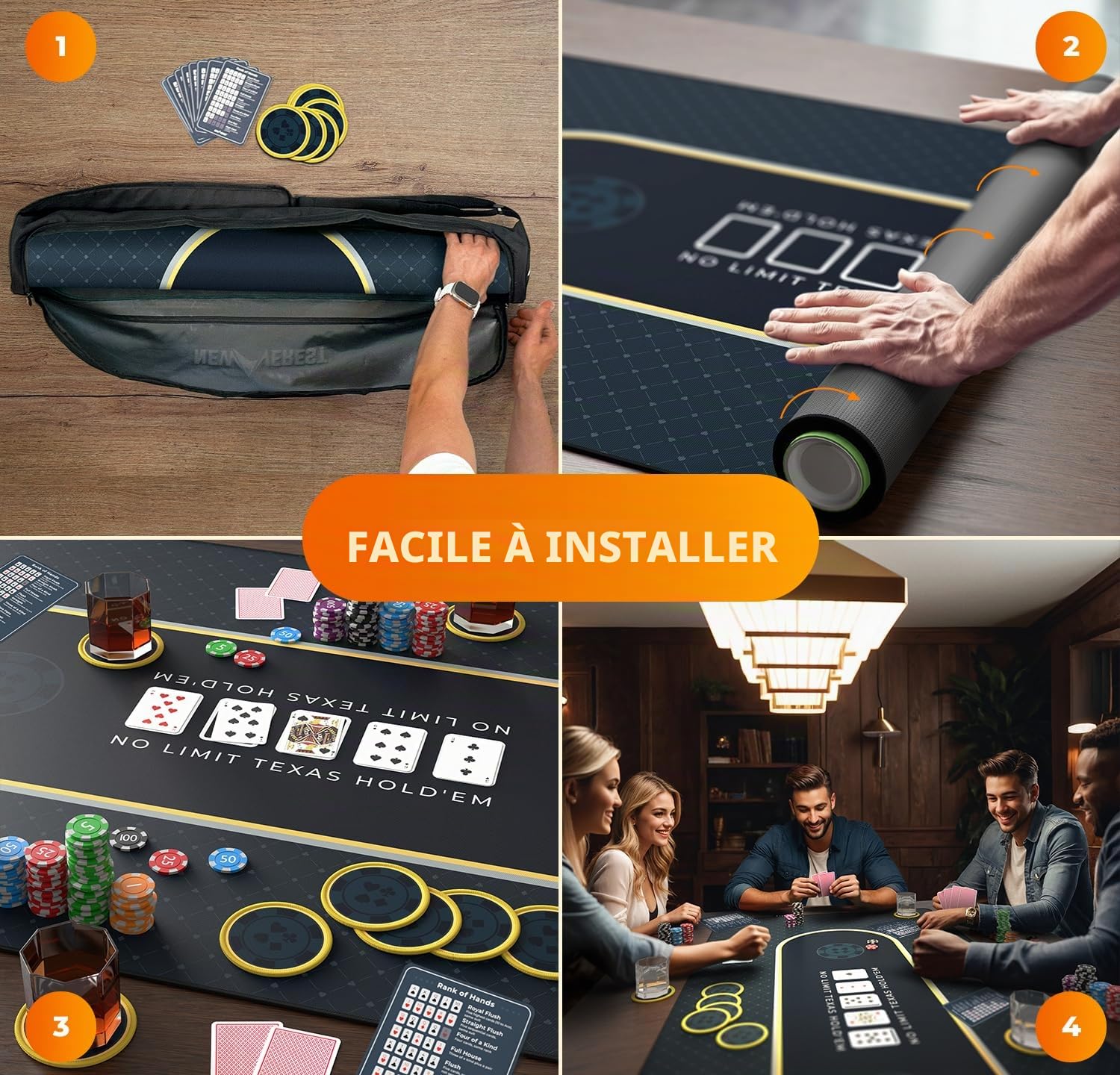 Newverest Tapis de Poker Texas Hold’em 180 × 90 cm – Tapis de Table de Casino pour Jusqu’à 10 Joueurs, soirées Jeux à la Maison | Tapis de Poker avec Housse Zippée, 8 sous-Verres, Coffret Cadeau