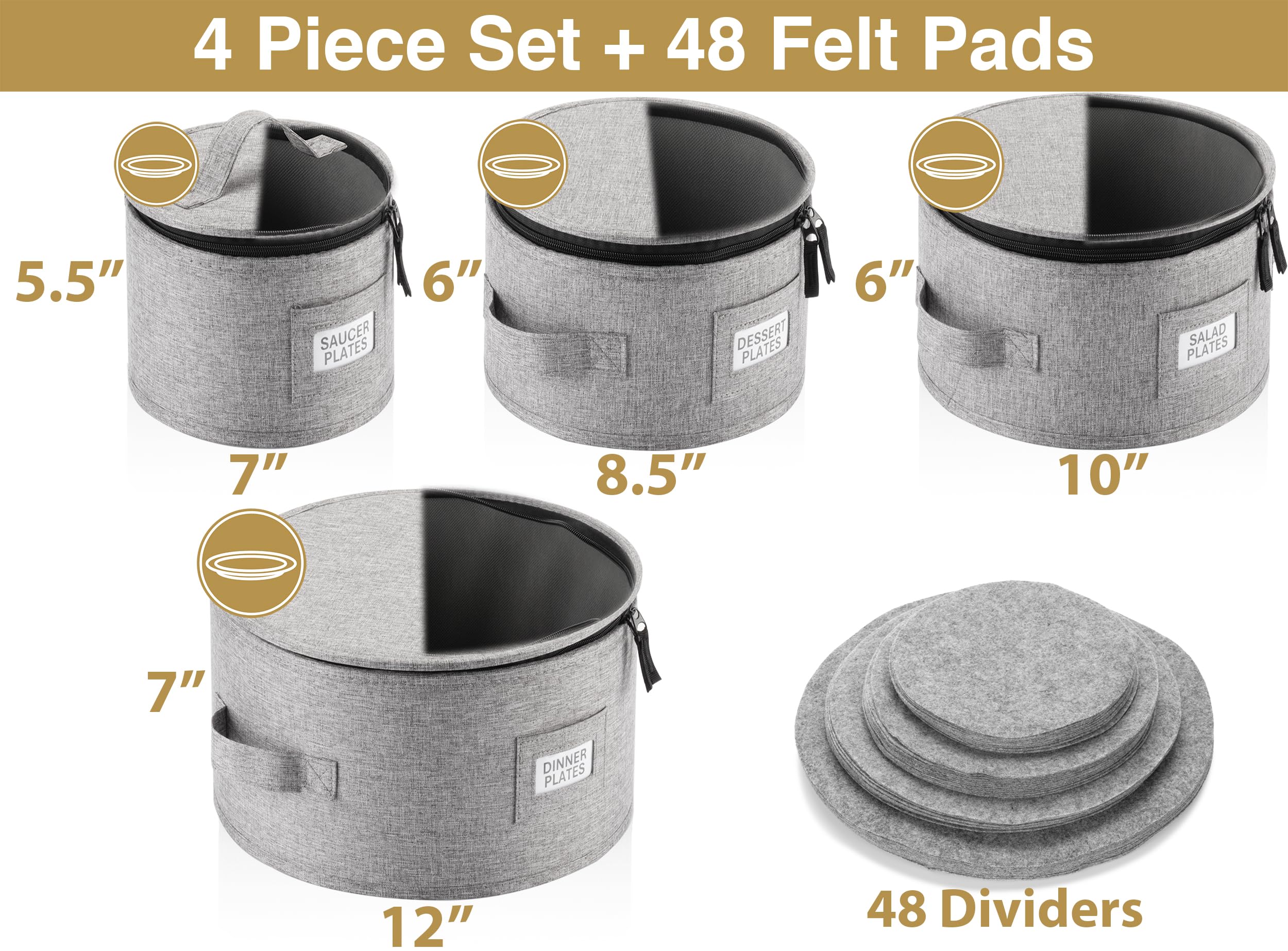 Set mit 4 Porzellan-Aufbewahrungsboxen für Geschirr, Hartschale, stapelbar, Größen: 30,5 cm – 25,4 cm – 21,6 cm und 17,8 cm B – 48 Teller-Trennwände im Lieferumfang enthalten
