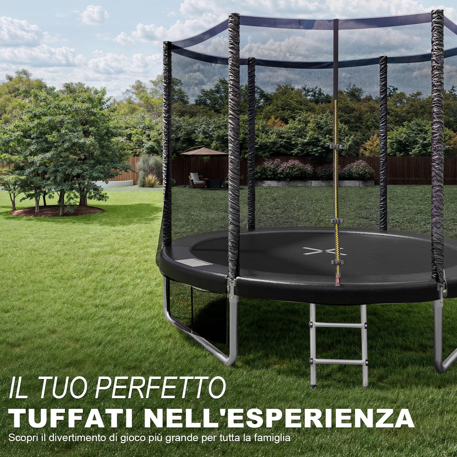 Trampolino Rotondo da Giardino 183/244/305/366/427 cm Trampolino Elastico per Adulti e Bambini Tappeto Elastico da Giardino di Diametro con Rete di Sicurezza, Scala e Barre Imbottite, Esterno